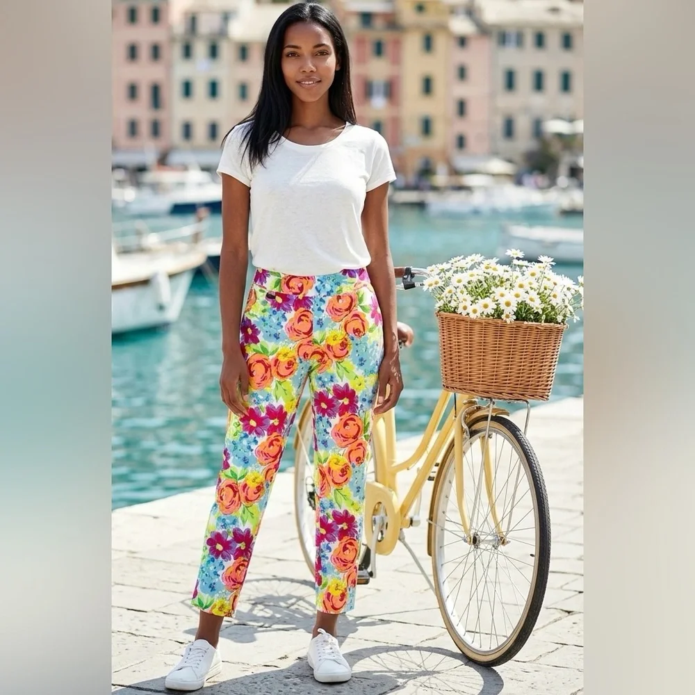 LN Peck & Peck SZ 8 White Floral Cropped Multi-Color Pull-on Pants/waist 30”-34” - Picture 8 of 8